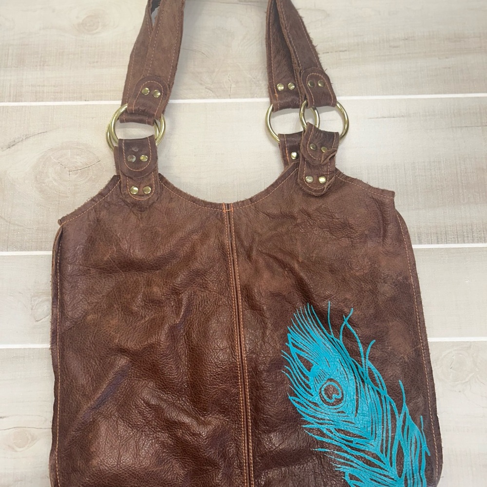 Brown Leather Shoulder Bag with Teal Feather Accent
